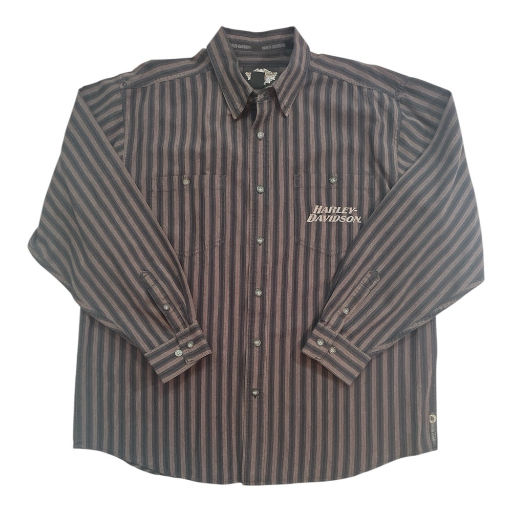 Vintage Harley-Davidson Men's Black and‎ Red Pin Striped Shirt
